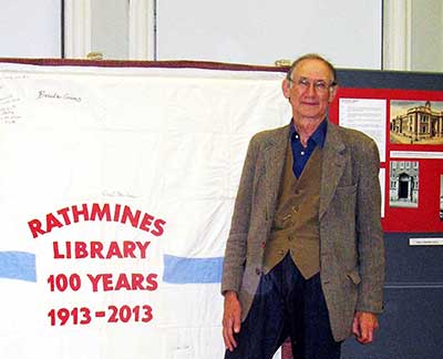 Brendan Grimes having signed the Rathmines Library 100th Anniversary Commemorative Quilt