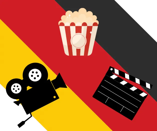 Image of a camera, popcorn and clapperboard on German flag