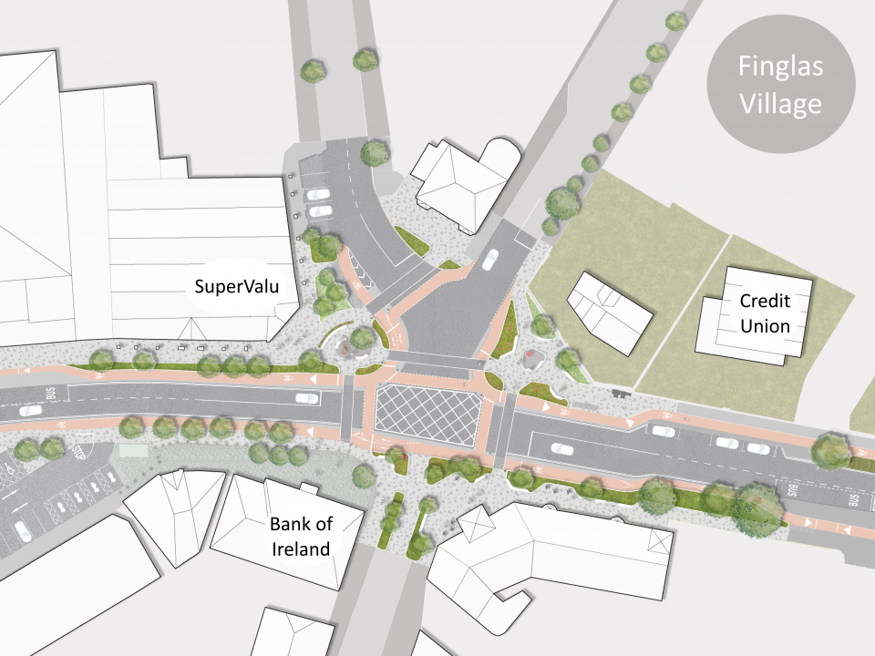 Aerial view depicting the proposed design of Finglas Village Improvement Scheme