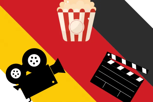Image of a camera, popcorn and clapperboard on German flag