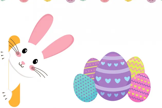 Image of Easter eggs and an Easter bunny on a white background