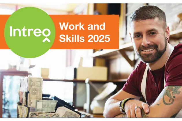 Image of apprentice tradesperson at work overlaid with text 'Intreo Work and Skills 2025'