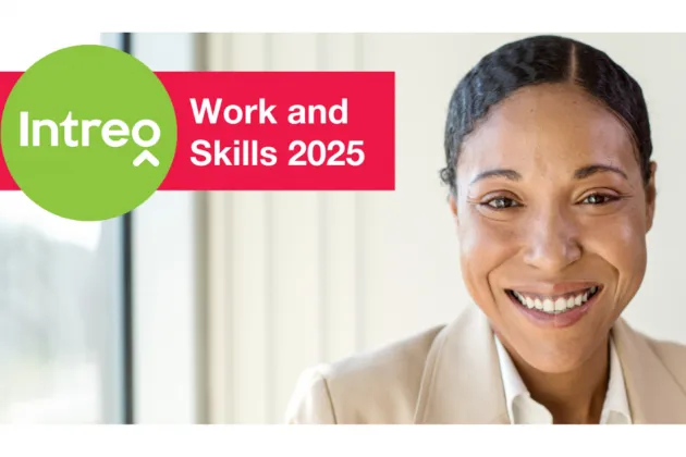 Image of smiling woman overlaid with text ' Intreo work and skills 2025'