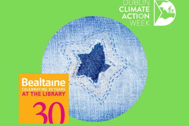Image of visible mending on denim on green background with Bealtaine and Dublin Climate Action Week logos