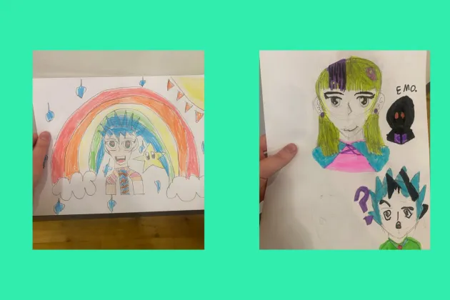 Image of anime character drawings on green background