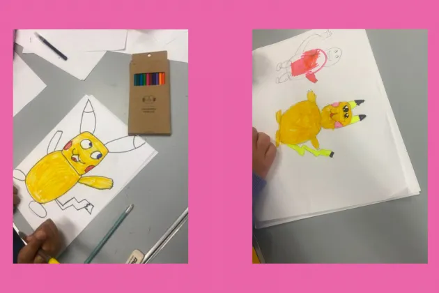 Images of Pokemon drawings on a pink background
