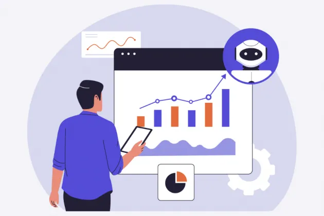 Illustration of a person working on a screen with AI