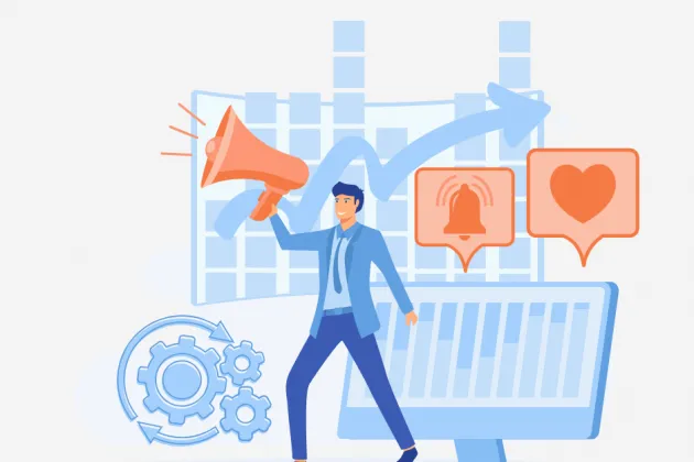 Illustrated image of person with megaphone in front of computer screen