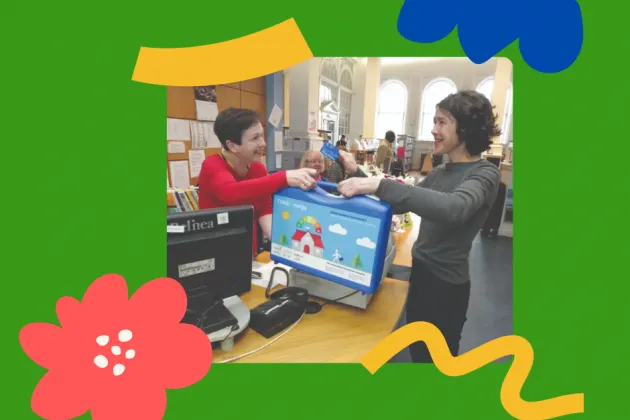 Image of library borrower taking a Home Energy Saving Kit home on green background