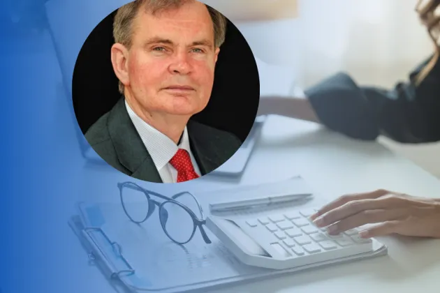 Image of work desk overlaid with image of speaker Finbarr Bradley