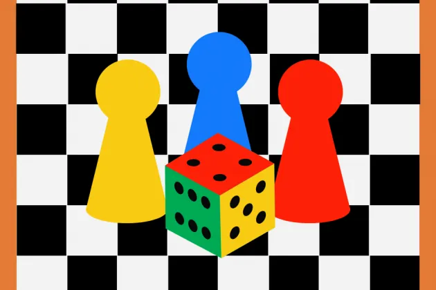 Image of boardgame pieces on a chequered background