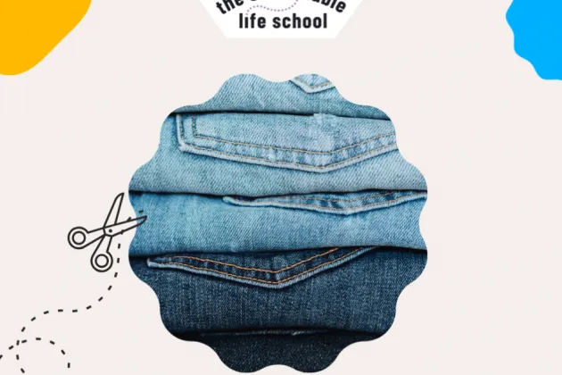 Image of pile of denim jeans with illustration of scissors