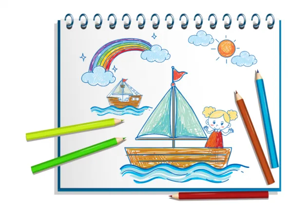Image of colouring pencils and picture of a sailboat to colour
