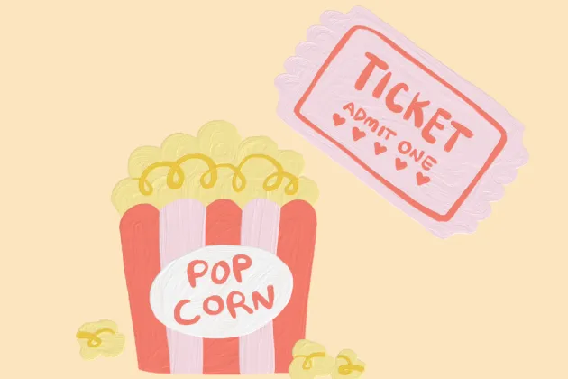Illustration of popcorn and movie ticket