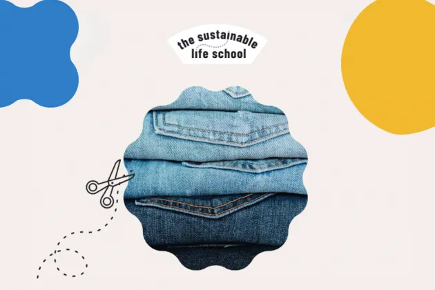 Image of denim jeans being repaired with sewing needle and Sustainable Life School logo