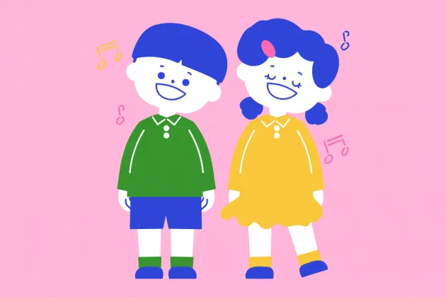 Illustration of two children on a pink background with music notes