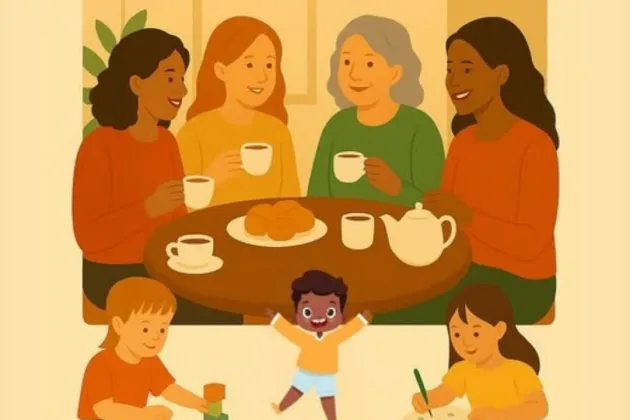 Illustration of four women at coffee morning with their children