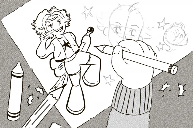 Black and white illustration of an anime character