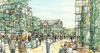 Sketch of proposed plans showing tall buildings and lots of people in the public realm