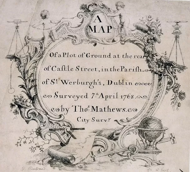 Title of a map surveyed by Thomas Mathews, showing the tools of the surveyor’s trade.