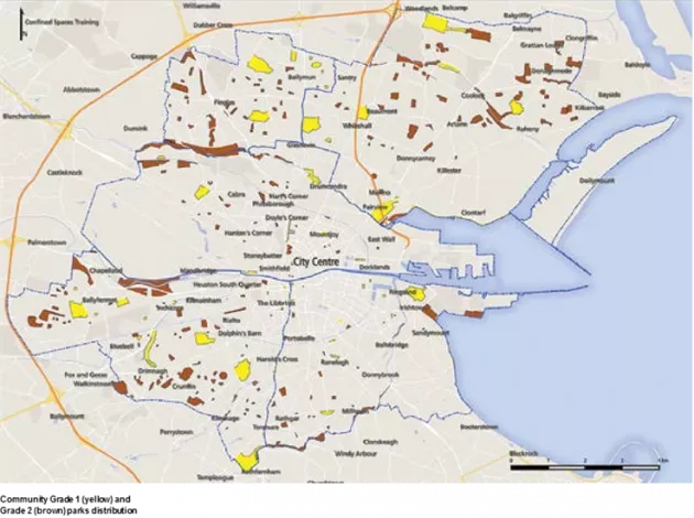 Community Grade 1 (Yellow) and Grade 2 (brown) parks distribution