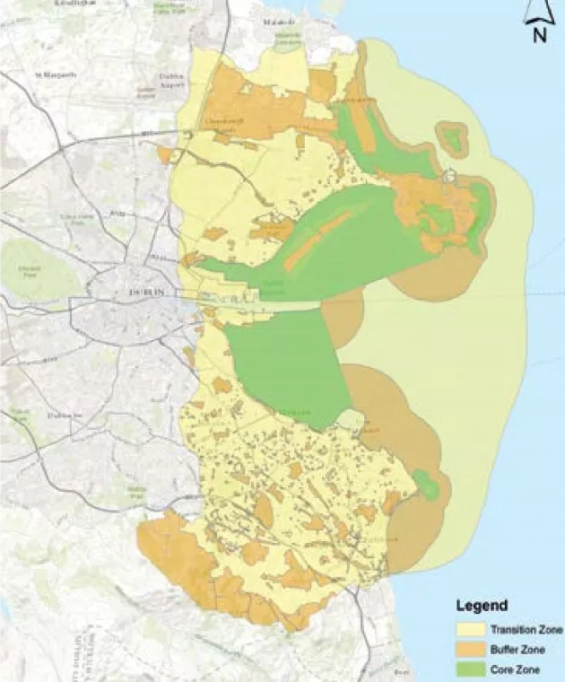 Map showing three different Dublin Bay Biosphere Zones