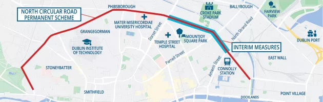 Map outlining the proposed walking and cycling interim route on North Circular Road