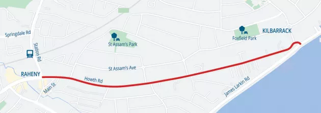 Map outlining the proposed walking and cycling route between Raheny and Kilbarrack