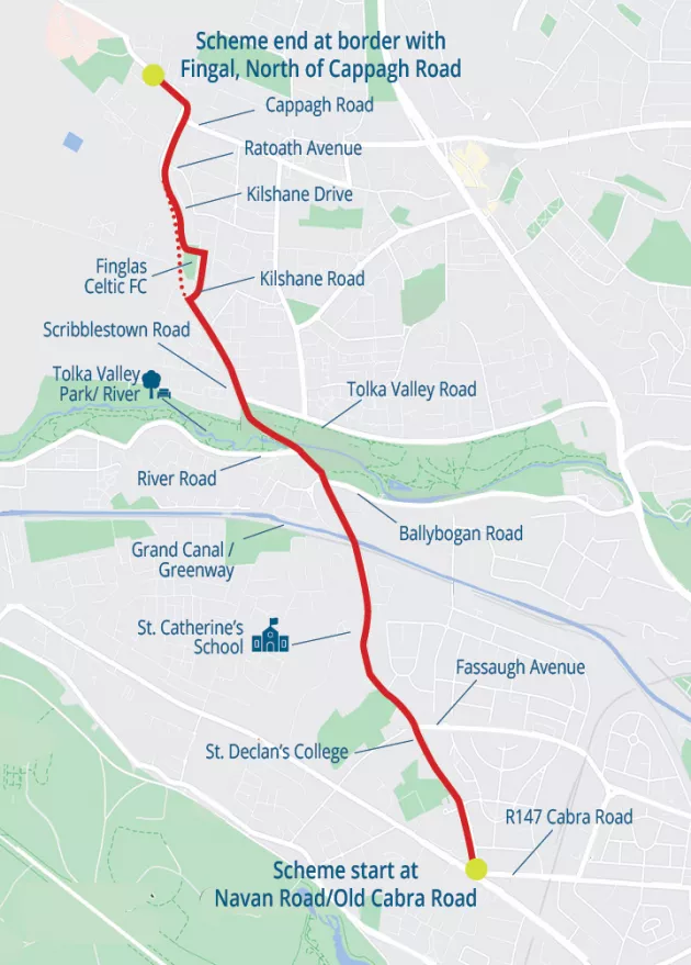 Map outlining the proposed walking and cycling route on Ratoath Road and Cappagh Road