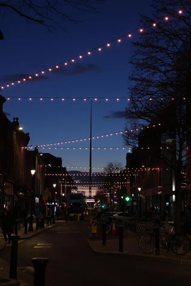 Photo from the launch of Talbot Street Rejuvenation scheme showing the lights across the street