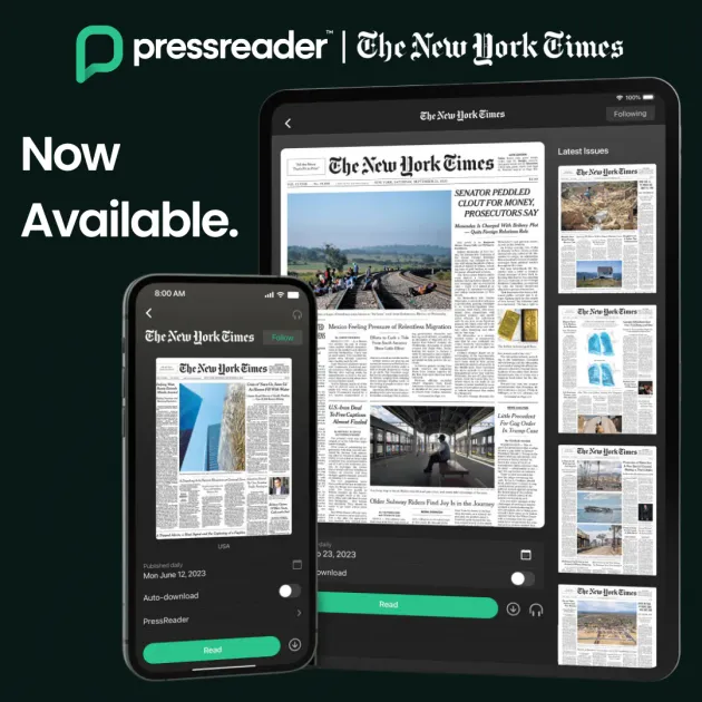 Phone and Tablet displaying The New York Times online via PressReader