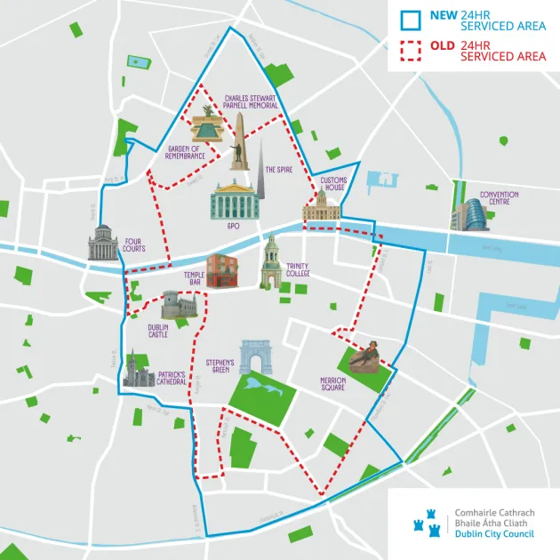 Map of expanded cleaning area of Dublin City