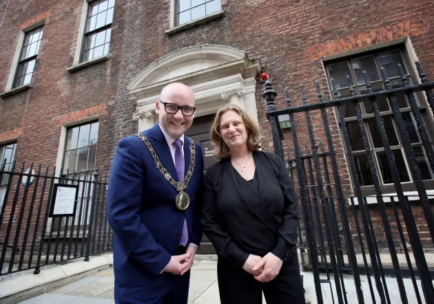 Lord Mayor of Dublin Cllr Ray McAdam with Dublin City Council Culture Company Chief Executive Iseult Dunne outside of 14 Henrietta Street, Dublin