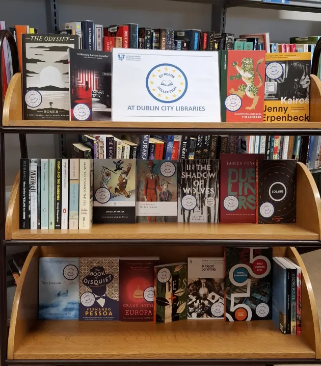EU Reads titles displayed on a bookshelf 
