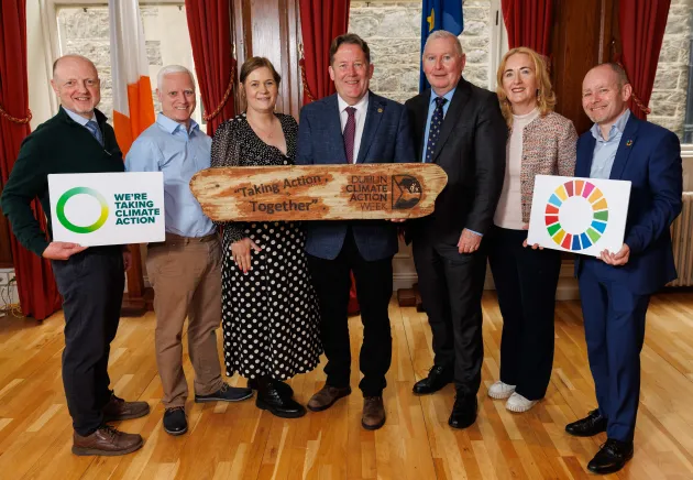 Pictured at the launch of Dublin Climate Action Week 2026 were (from left): Richard Fitzpatrick, Climate Action Coordinator, Dublin City Council; Dean Eaton, Climate Action Officer, Dublin City Council; Rosa Vickers, Community Climate Action Officer, Dublin City Council; Minister for Climate, Energy and the Environment, Darragh O’Brien T.D.; Dennis Keeley, Assistant Chief Executive, Dublin City Council; Patricia Reidy, Executive Manager, Climate and Urban Resilience, Dublin City Council; and Alan Sherry, Se