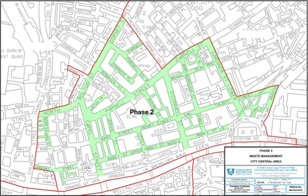 Map of Phase 2 of Removal of Plaster Bags from Streets. Shows a highlighted street view of the North inner city of Dublin,