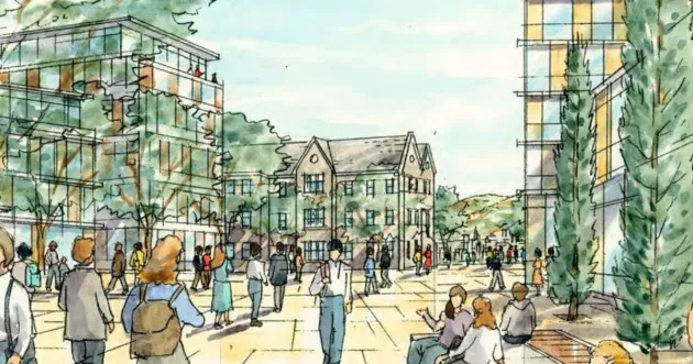 Sketch of proposed plans showing tall buildings and lots of people in the public realm