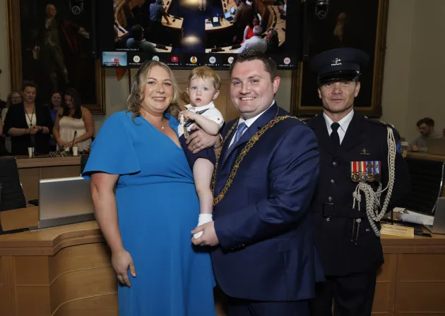 Newly Elected Lord Mayor Cllr Daryl Barron with wife Orla and son.