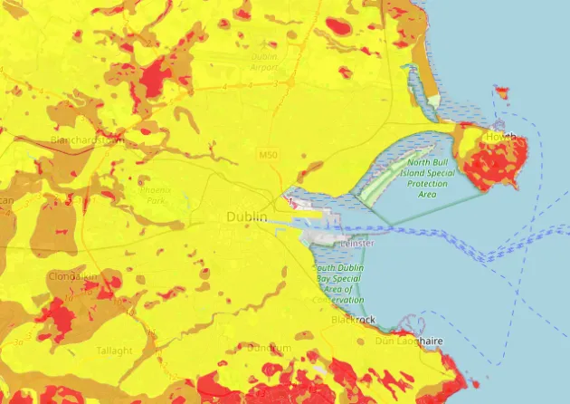 Sample view of EPA radon map - most of Dublin shows as yellow which means 1 in 20 homes are likely to have high radon levels