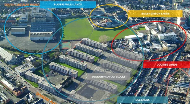 an aerial view shows the five pieces of land covered by the St Teresa's framework, including DCC lands, Players Wills lands, Bailey Gibson lands, Coombe lands and demolished blocks at St Teresa's Gardens.