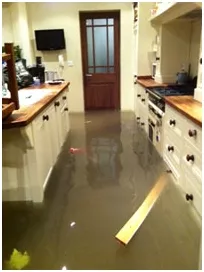 Flooded kitchen water level past the kickboards