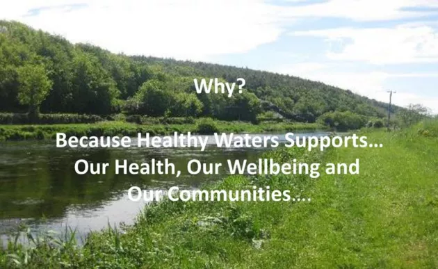 Text over lay countryside "Why? Because healthy Waters Supports... Our Health, Our Wellbeing and our Communities..."