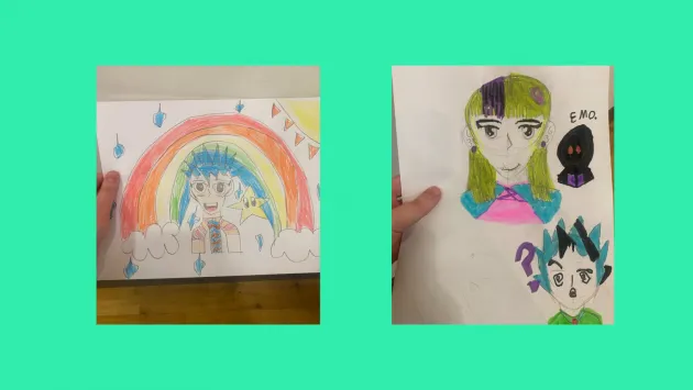 Image of anime character drawings on green background