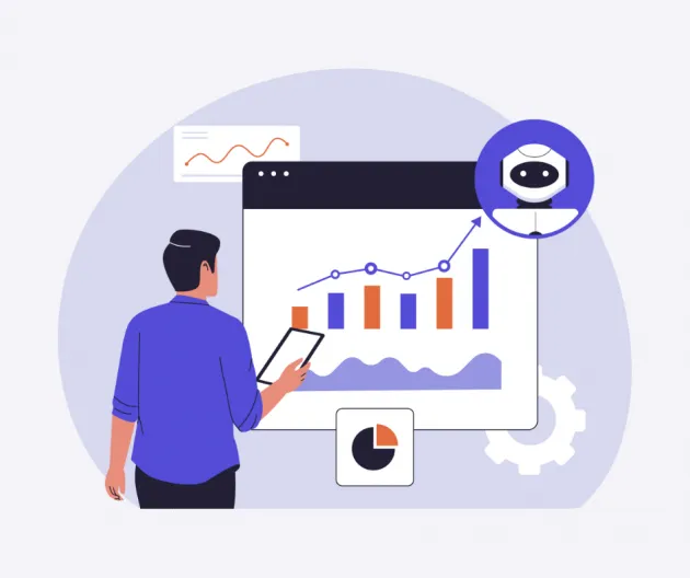 Illustration of a person working on a screen with AI