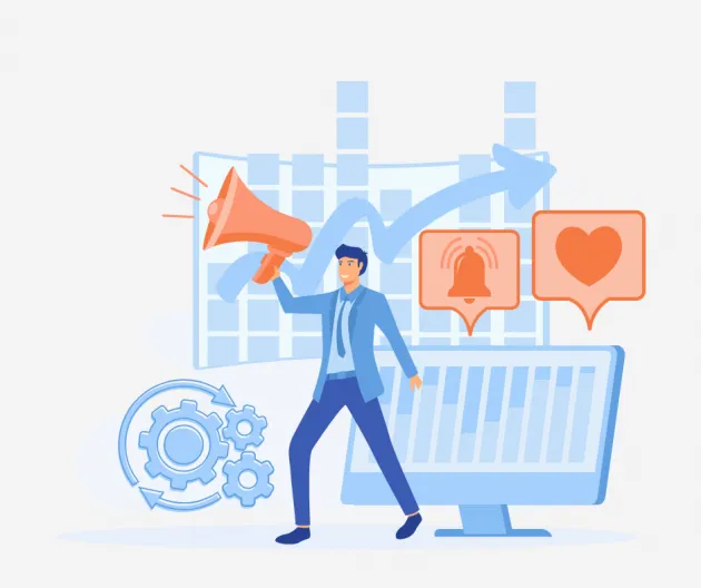 Illustrated image of person with megaphone in front of computer screen