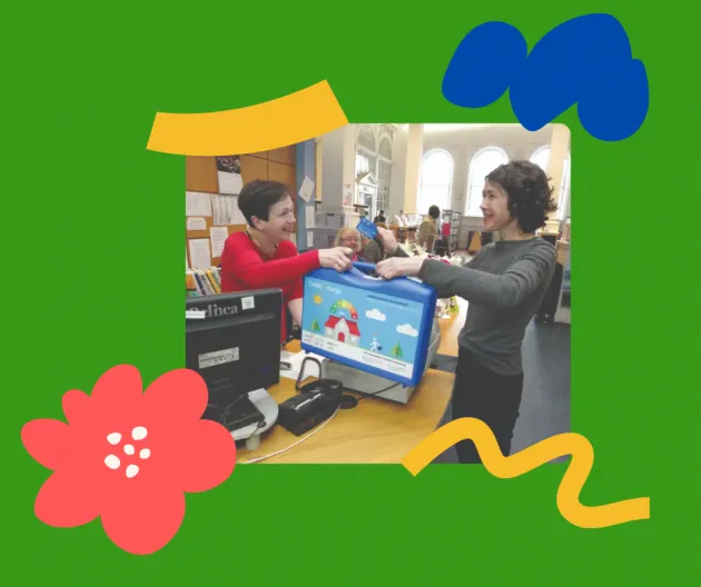 Image of library borrower taking a Home Energy Saving Kit home on green background