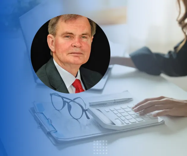 Image of work desk overlaid with image of speaker Finbarr Bradley