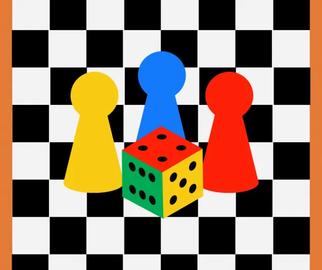 Image of boardgame pieces on a chequered background