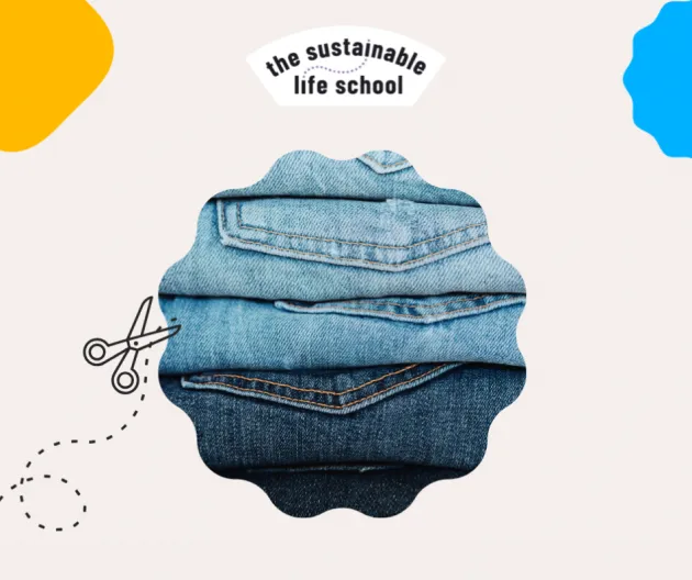 Image of pile of denim jeans with illustration of scissors