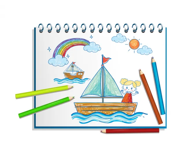 Image of colouring pencils and picture of a sailboat to colour